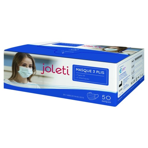 Masque de protection haute filtration Joleti Type IIR 3 Plis Bleu x50